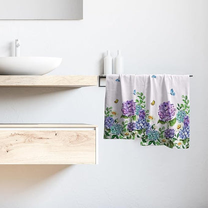 Hydrangea Daisy Kitchen Towels Set of 2 Blue Purple Floral Butterfly Absorbent Hand Tea Dish Towels Green Leaf 16x24 Tabletop Decor