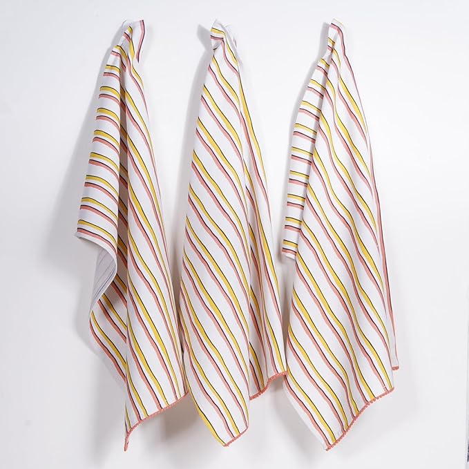 TARAN LIVING Printed Kitchen Dish Bar and Tea Towels Cotton, 18x28 inch with Trims, Cotton Dish Towel Sets (Yellow Stripes, Set of 6)