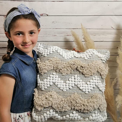 Throw Boho Pillow Cover, 18”x18” Bohemian Moroccan Rustic Decorative Pillows with Tufted Accents, Plush Handwoven Cotton, Textured Woven Neutral Farmhouse Scandinavian Home Decor (no Insert)