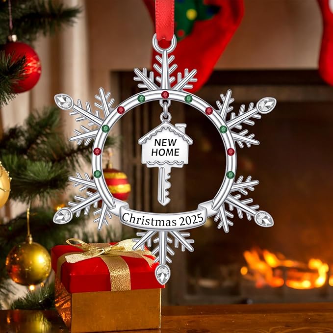 New Home Christmas Ornament 2025, First Christmas in New Home Snowflake Ornament with Key Design, Housewarming Gift for New Homeowners, Metal Xmas Tree Decoration Keepsake