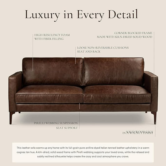 POLY & BARK Mateo Leather Sofa 82" in Full-Grain Pure-Aniline Italian Tanned Leather in Chocolate Brown