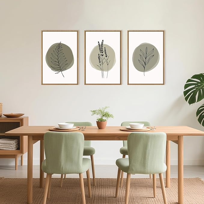 HOURIA Sage Green Leaves Framed Canvas Wall Art Set,Minimalism Boho Leaf Wall Decor, Modern Nature Botanical Wall Painting,Mid Century Plant Art Prints for Living Room,Bedroom,Farmhouse-24 x36 x3