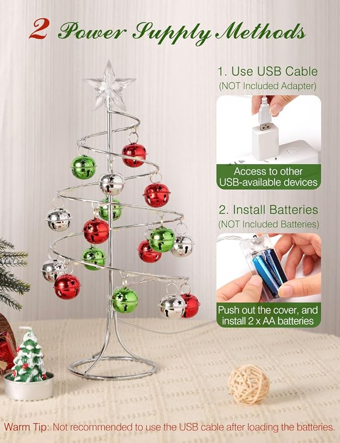 Lewondr Christmas Table Lamp, USB/Battery Powered Spiral Christmas Tree Desk Lamp with Star Topper, Decorative Christmas Tree Light with Red/Green Hanging Bells for Home Bedroom Xmas Party, Red/Green