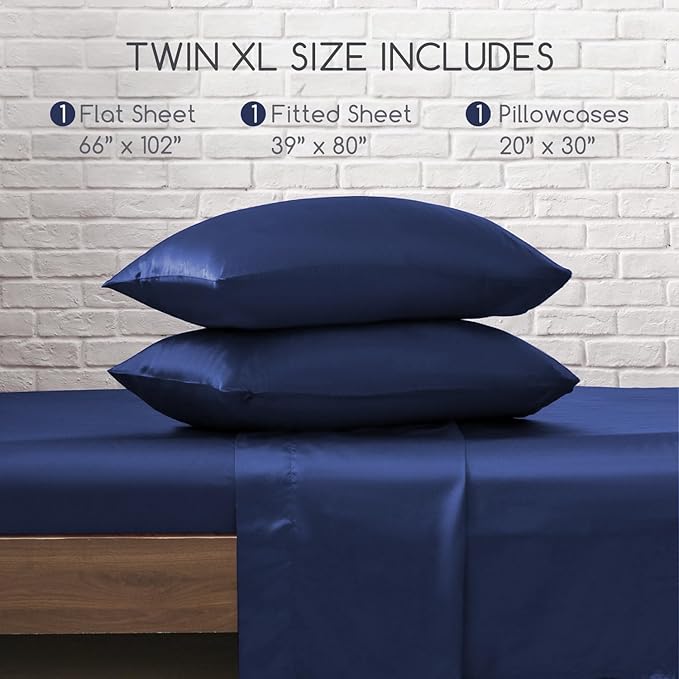MR&HM Satin Bed Sheets, Twin XL Size Sheets Set, 3 Pcs Silky Bedding Set with 15 Inches Deep Pocket for Mattress (Twin XL, Navy Blue)
