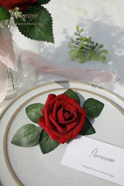 Floroom Artificial Flowers 25pcs Real Looking Dark Red Ombre Colors Foam Fake Roses with Stems for DIY Wedding Bouquets Bridal Shower Centerpieces Floral Arrangements Party Tables Home Decorations
