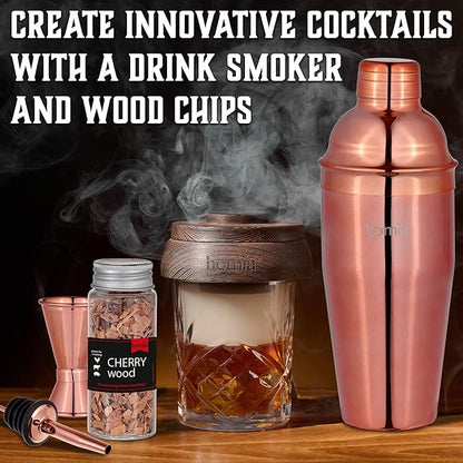 Bartender Kit with Whiskey Smoker - 13 pcs, Bamboo Stand - Bar Set with Cocktail Shaker, Bartending Kit with Essential Bar Accessory Tools, Wood Chips, Pink Gold