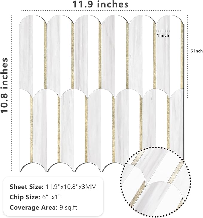 Vamos Tile Peel and Stick Backsplash Seamless Tile,1-Sheet Stick on Backsplash for Kitchen,Dolomite Gray and White+Light Gold Metal Self Adhesive PVC Tiles（Sample）