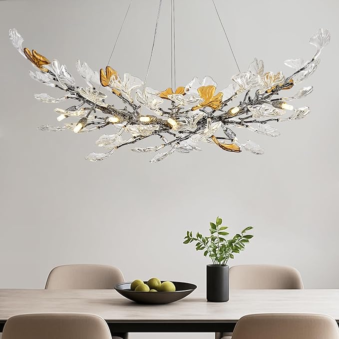 Modern Crystal Chandelier, L47 Rectangle Glass Ginkgo Leaf Chandeliers, Black Tree Branch Chandelier Over Dining 12-Light Farmhouse Chandeliers for Foyer Living Room Kitchen Island