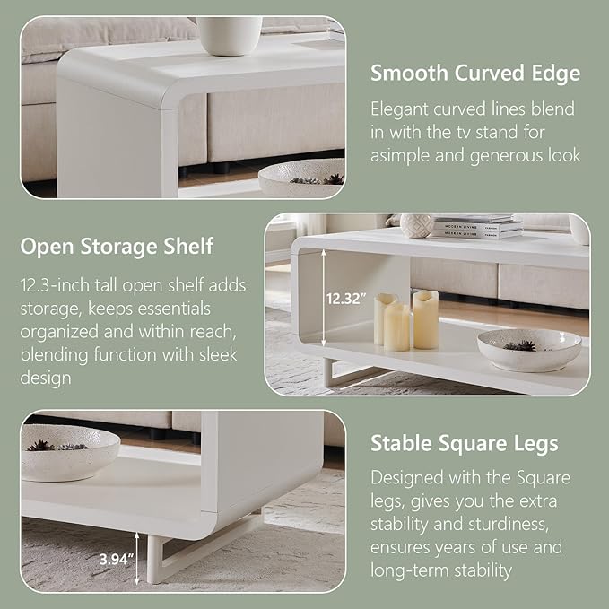 48" Modern Coffee Table, 2-Tier Minimalist Center Table with Storage Shelf, Curved Profile Design, Wooden Rectangular Living Room Table w/Wood Thick Design for Living Room, Office, White