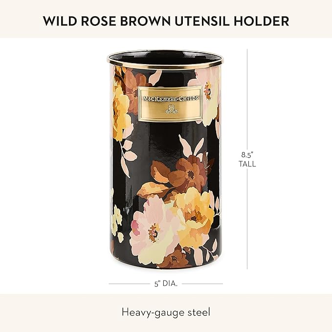 MACKENZIE-CHILDS Enamel Utensil Holder, Stylish Kitchen Countertop, Wild Rose Brown