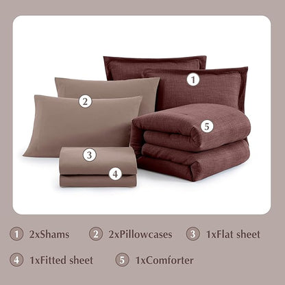 Geniospin Queen Comforter Set - 7 Pieces Comforter Queen Size, Soft Solid Bedding Set for All Season, Textured Bed in a Bag with Sheets, Pillowcases & Shams (Burgundy, 90''x90'')