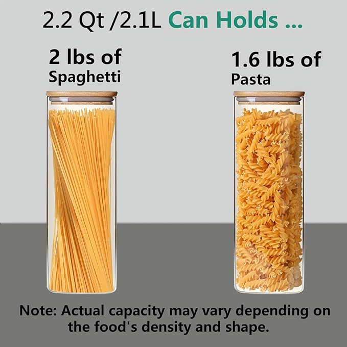 2.2 Qt Square Glass Storage Containers with Lids, Clear Food Storage Container Jar with Sealing Bamboo Lid Storage Containers for Pasta, Oats, Coffee, Flour, Sugar, Square Set-3Pack