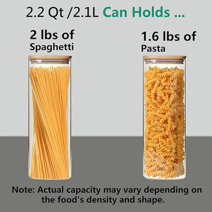 2.2 Qt Square Glass Storage Containers with Lids, Clear Food Storage Container Jar with Sealing Bamboo Lid Storage Containers for Pasta, Oats, Coffee, Flour, Sugar, Square Set-3Pack