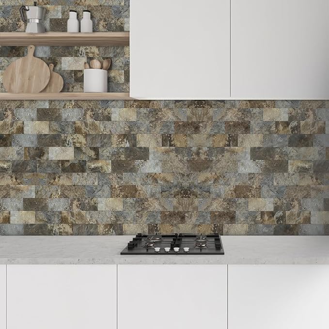 AULIGET 3" x 6" Subway Tile Peel and Stick Backsplash, Thick PVC Stick on Wall Tiles (100, Beige & Brown Slate)