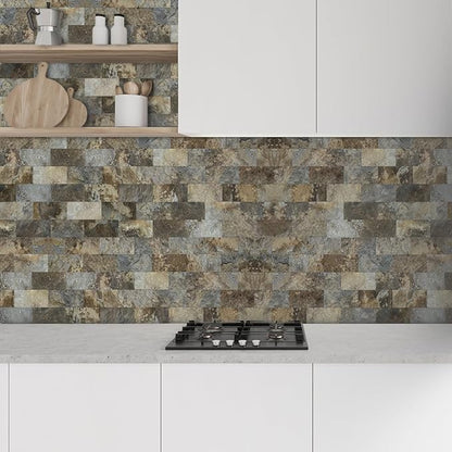 AULIGET 3" x 6" Subway Tile Peel and Stick Backsplash, Thick PVC Stick on Wall Tiles (4, Beige & Brown Slate)