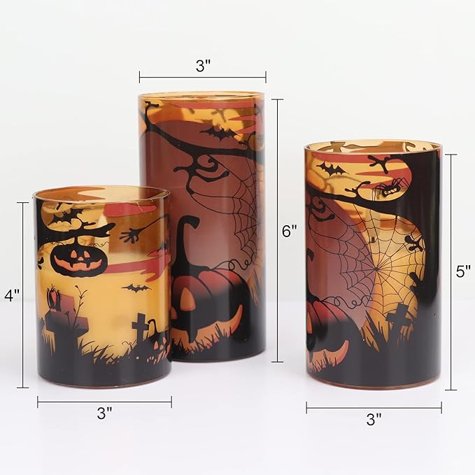 Eldnacele Halloween Flameless Candles with Remote Pumpkin, Spider Web Decal and Castle Decals Battery Operated Real Wax Flickering Glass Pillar Candle for Spooky Halloween Decor 3 Pack