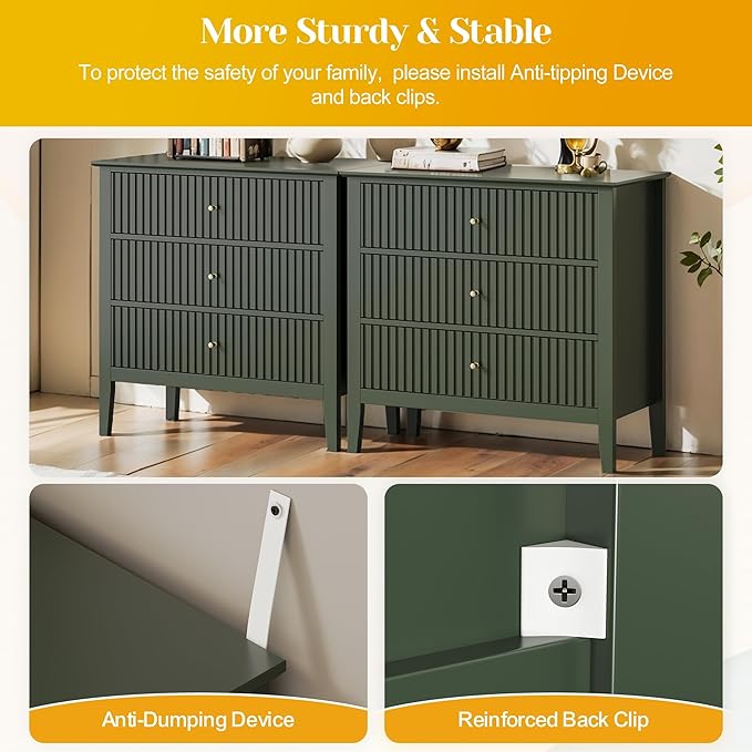 Large Green 3 Drawer Dresser, Painted 30 Inch Tall Wood Nightstand with Storage, Wide Modern Chest of Drawers with Ball Bearing Slide for Bedroom Hallway Living Room Entryway Office