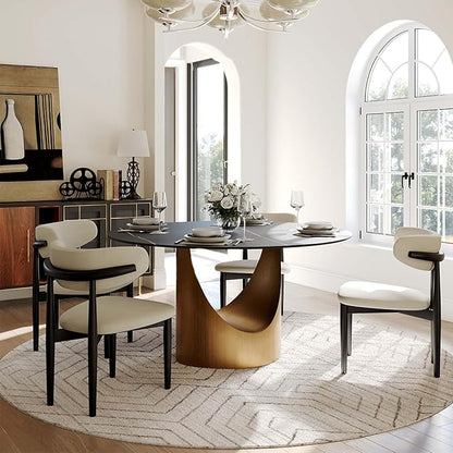 POVISON Round Dining Table for 4, 51" Matte Black Sintered Stone Top Dining Table with Bronze Carbon Steel Pedestal, Modern Dining Room Table for Kitchen, Living Room (Table Only)