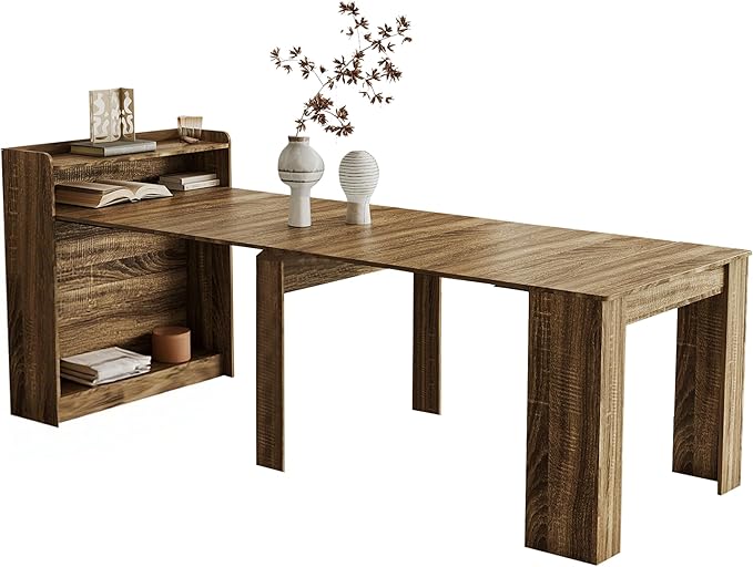 21''- 98.43'' Extendable Dining Room Table, Expandable Dining Table, Modern Large Table, for 2-9 Person(with Shelf), Barnwood Brown