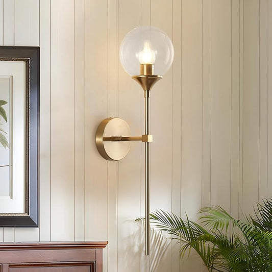 KCO Lighting Vanity Clear Bubble Glass Wall Lights Modern Globe Round Sconces Wall Lighting Brushed Brass Long Wall Sconce Mid Century Bar Bathroom Wall Lamp (Clear)