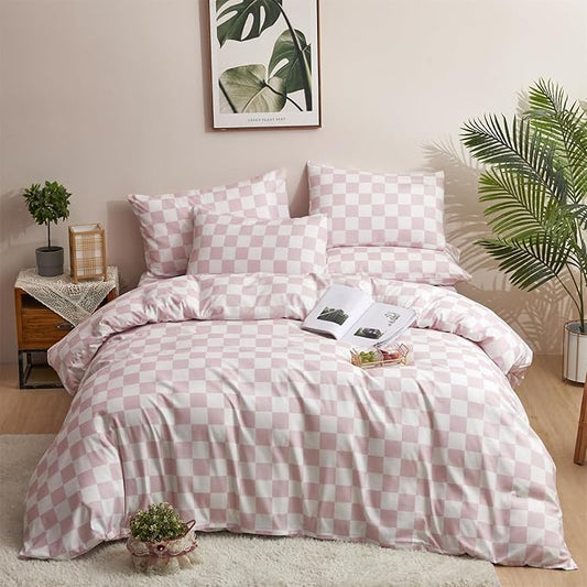 CLOTHKNOW Pink White Plaid Queen Comforter Set 3Pcs Grid Bedding Comforter Sets Soft Checkered Queen Comforter with 2 x Pillow Cases