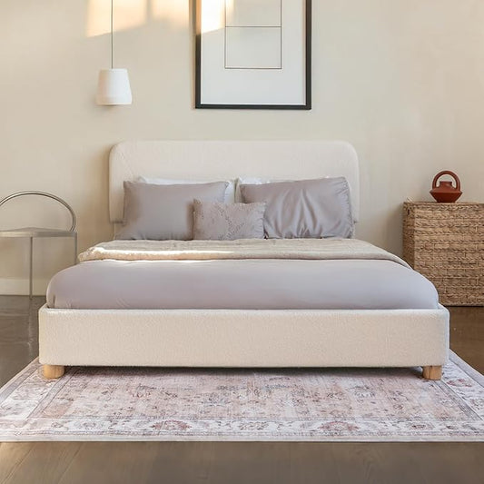 Cloud Bed Frame, Soft Boucle Bed Frame with Adjustable Headboard, Solid Wood Legs, Rounded Corners Design & Easy Assembly – Modern Platform Bed, Twin Cream