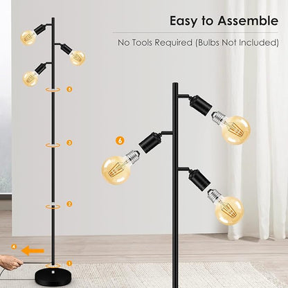 BoostArea Floor Lamp, Industrial Floor Lamp, Modern Tree Standing Lamp with Adjustable 3 Light, E26 Socket, Foot Switch, Minimalist Metal Stand Up Lamp Pole Lamps for Living Room, Bedroom (No Bulbs)