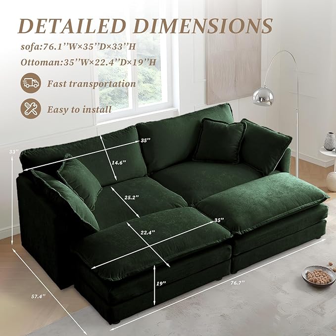 SoarFlash Chenille Sectional Sofa, Comfy Modular Coush Sofa with Ottoman, Modern 2 Seat Recliner Deep Seat Sofa Set for Living Room,Green