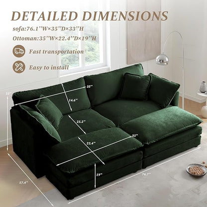 SoarFlash Chenille Sectional Sofa, Comfy Modular Coush Sofa with Ottoman, Modern 2 Seat Recliner Deep Seat Sofa Set for Living Room,Green