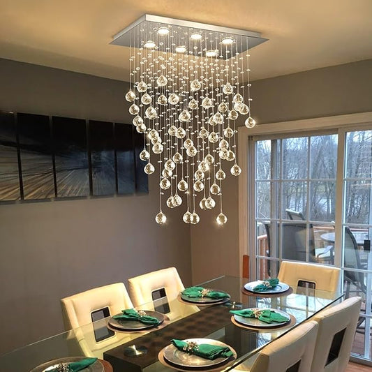 Glam Crystal Chandelier with Bulb Rain Drop Pendants Ceiling Light LED Lighting Rectangular Dining Room Light Fixture Dimmable LED Light