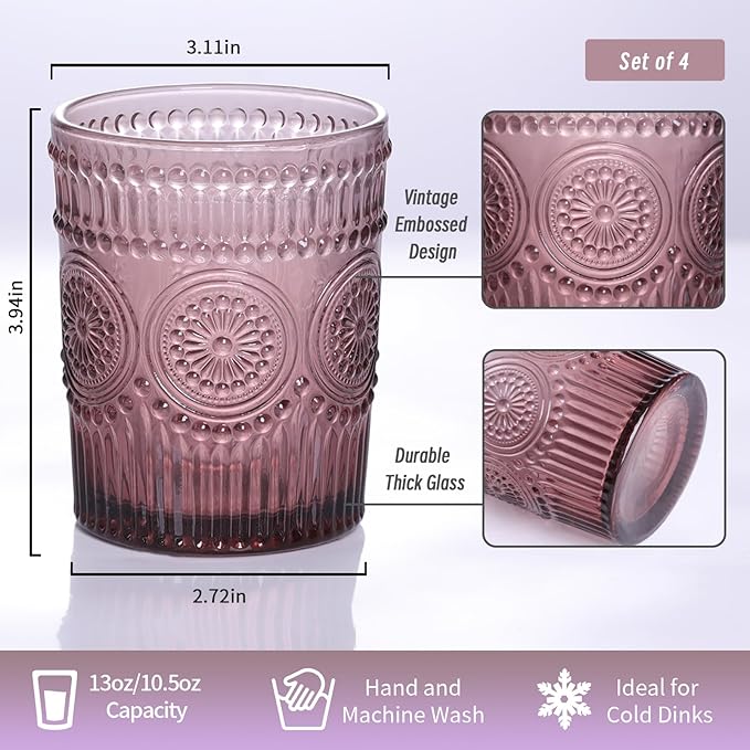 Vintage Glassware Drinking Glasses Set of 4-10.5 oz Purple Glasses Water Tumbler, Embossed Glassware Cups for Juice, Beer, Cocktail, Whiskey, Various Mixed Drinks