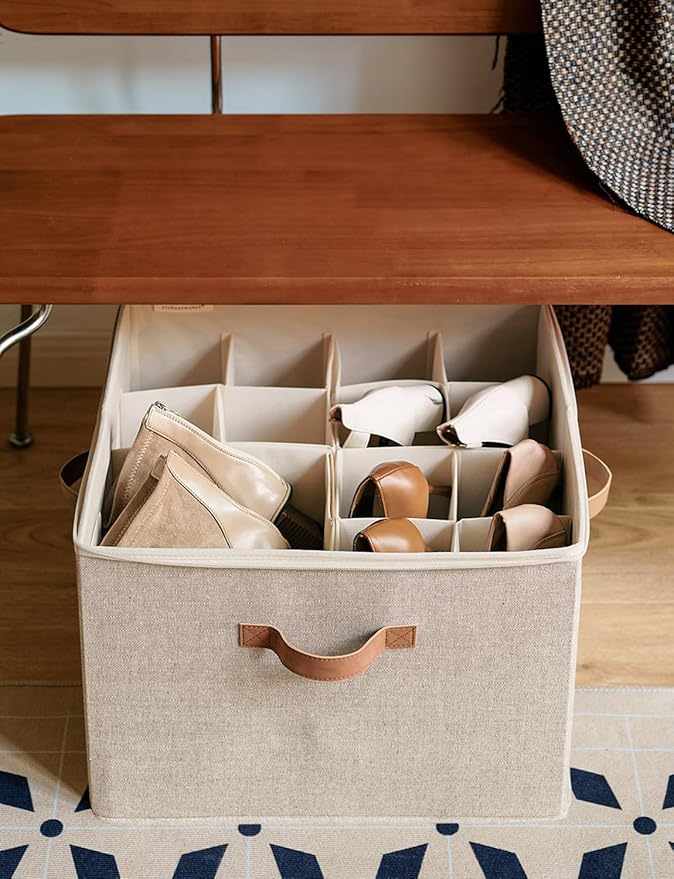 StorageWorks Shoe Organizer for Closet, Fits up to 16 Pairs, Shoe Cubby Storage Containers with Adjustable Dividers and Clear Cover, Mixing of Brown & Beige