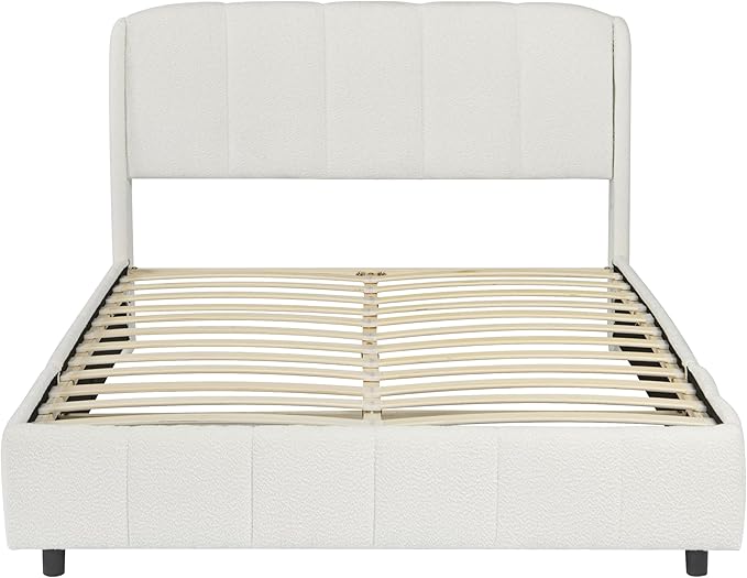 Queen Size Bed Frame, Upholstered Cloud Boucle Platform Beds Frames with Headboard, Anti-Collision Soft Rounded Corners Footboard, No Box Spring Required, Easy Assembly (44.5" Beige, Queen)