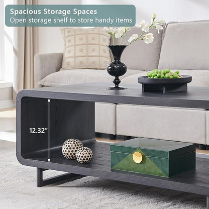 48" Modern Coffee Table, 2-Tier Minimalist Center Table with Storage Shelf, Curved Profile Design, Wooden Rectangular Living Room Table w/Wood Thick Design for Living Room, Office, Dark Grey