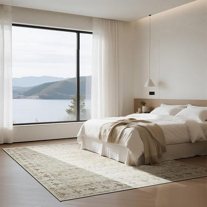 Washable Rugs 8x10 Area Rugs for Living Room,Rugs for Bedroom,Large Carpets,Ultra Soft Faux Wool Retro Dining Room Rug,Non Slip&Non-Shedding Low Pile Vintage Print Rug for Home Office-Beige