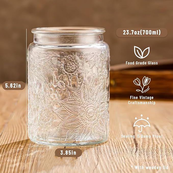 Vintage Glass Jars with Wooden Lids, 24 oz Airtight Glass Food Storage Containers Sets for the Kitchen, Sugar Coffee Tea Cookie Candy Spice Pasta（Sunflower）