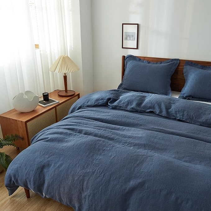 Simple&Opulence 100% Linen Duvet Cover Set, 3 PCS Classic Blue Duvet Cover King Size, Breathable Soft Comfy Linen Bedding Comforter Cover with 2 Pillowcases(Classic Blue, 104"x92")