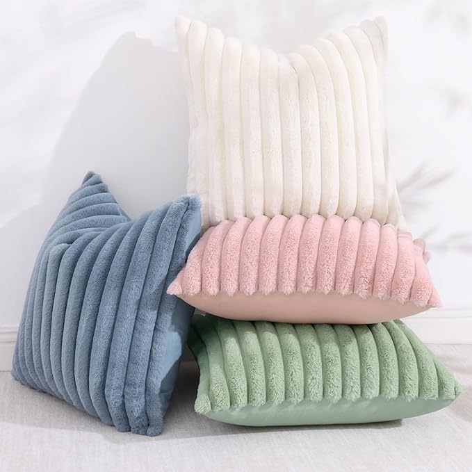 decorUhome Faux Fur Throw Pillow Covers 26x26 Set of 2, Decorative Soft Plush Striped Neutral Euro Pillow Covers with Velvet Back for Bed, Living Room Home Decor, Grey Blue