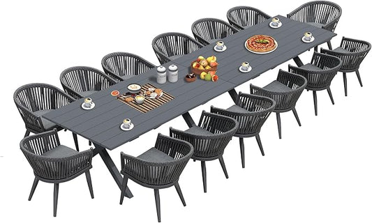 PURPLE LEAF 16 Pieces Outdoor Dining Set with Patio Aluminium Dining Table and Wicker Chairs Modern Furniture Cushions Sets for Backyard Indoor Decor Kitchen Gray
