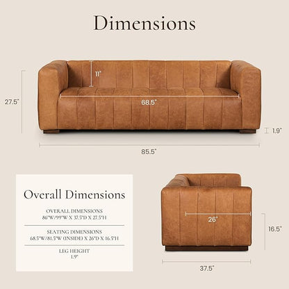 Poly & Bark Canale Leather Couch - 86 Inch Sofa - Full-Grain Channel Tufted Leather Sofa for Living Room - Living Room Couch - Pure Aniline Vintage Italian Leather in Cognac Tan