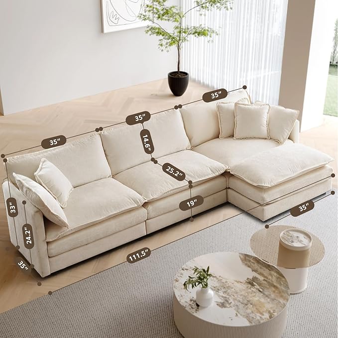 SoarFlash Chenille Sectional Sofa, Comfy L Shaped Modular Coush Sofa with Ottoman, Modern 3 Seat Couch Deep Seat Sofa Set for Living Room,Light Coffee