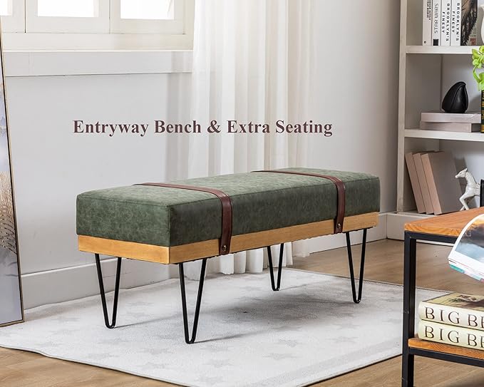 DUOMAY Industrial Modern PU Rectangle Ottoman Bench with PU Strap and Metal Legs, Mid Century Dining Table Bench Footstool Entryway Shoe Bench for Bedroom Dining Room Living Room, Green