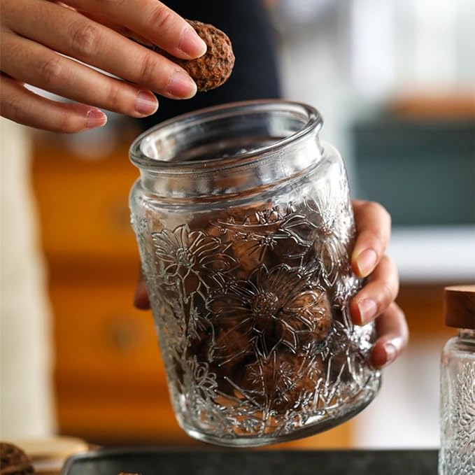 Vintage Glass Jars with Wooden Lids, 24 oz Airtight Glass Food Storage Containers Sets for the Kitchen, Sugar Coffee Tea Cookie Candy Spice Pasta