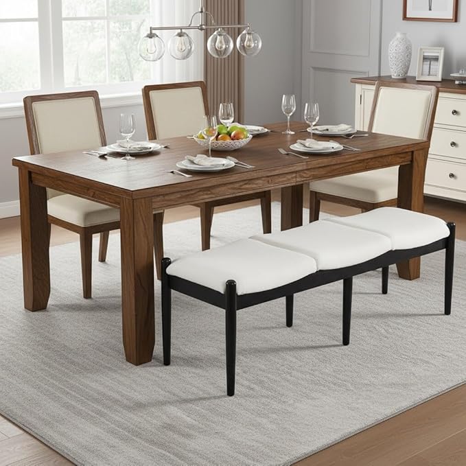 DUOMAY 55'' Modern Ottoman Bench, Chenille Upholstered Entryway Bench Bedroom Bench with Wood Legs, End of Bed Bench for Bedroom, Living Room, Corners, Kitchen, White