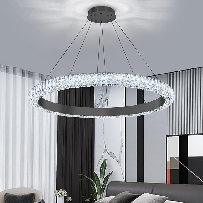 32" 1 Ring Crystal Chandelier Modern LED Dimmable Ring Pendant Light Chandelier for Dining Room Living Room Black