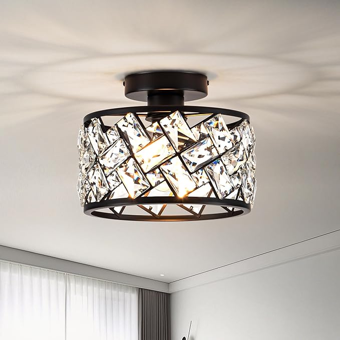 Crystal Ceiling Light Fixture, Modern Semi Flush Mount Ceiling Light,Crystal for Kitchen Bedroom Bathroom Entryway, Black Finish
