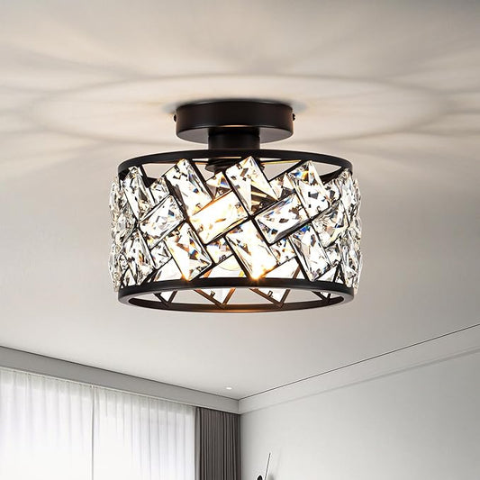 Crystal Ceiling Light Fixture, Modern Semi Flush Mount Ceiling Light,Crystal for Kitchen Bedroom Bathroom Entryway, Black Finish