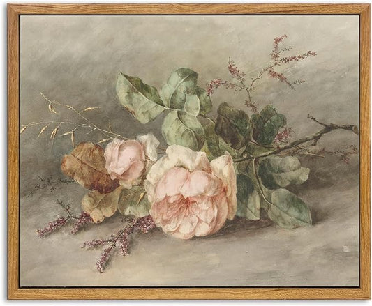 KBKBART Vintage Wall Decor Prints, Retro Still Life Flower Canvas Wall Art, Framed Classical Pink Botanical Print, Vintage Art Painting Flower Wall Decor for Bedroom Living Room Bathroom