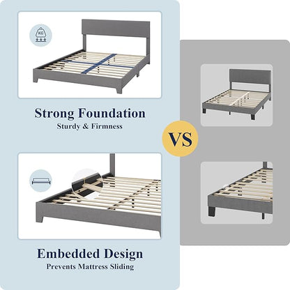 Allewie Full Size Bed Frame with Adjustable Headboard, Upholstered Platform Bed with Wood Slats, Heavy Duty Mattress Foundation, No Box Spring Needed, Noise-Free, Easy Assembly, Light Grey