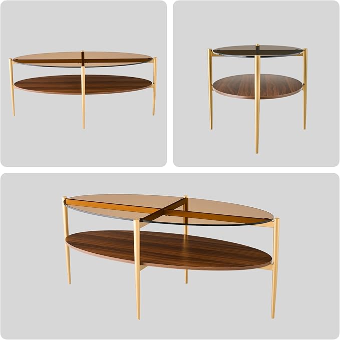 Saint Mossi Olive Glass Coffee Table for Living Room, Mid Century Modern Center Table, Surfboard Brown Glass & Coffee Brown MDF Bottom Shelf, L41xW21xH17, Gold Table Legs